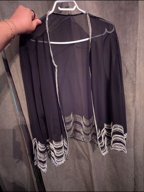 Sheer Black Embroidered Open Cardigan
